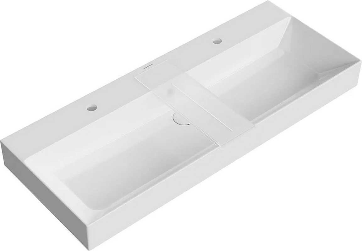 Раковина для тумбы 120 см, 2 отверстия под смес., в комплекте донный клапан click clack и полочка из матового оргстекласо, цвет белый