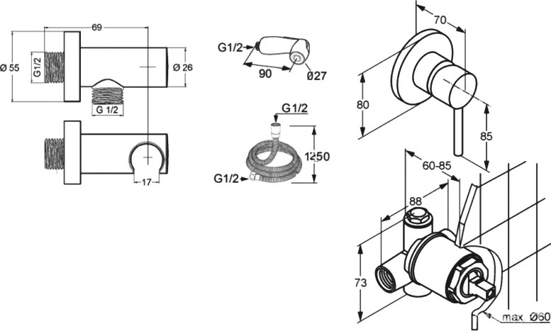 Комплект гигиенического душа (смеситель с внешней и встраив.частью, лейка, шланг 1.25м, кронштейн с подводом воды 1/2), (цв.хром), BOZZ Kludi