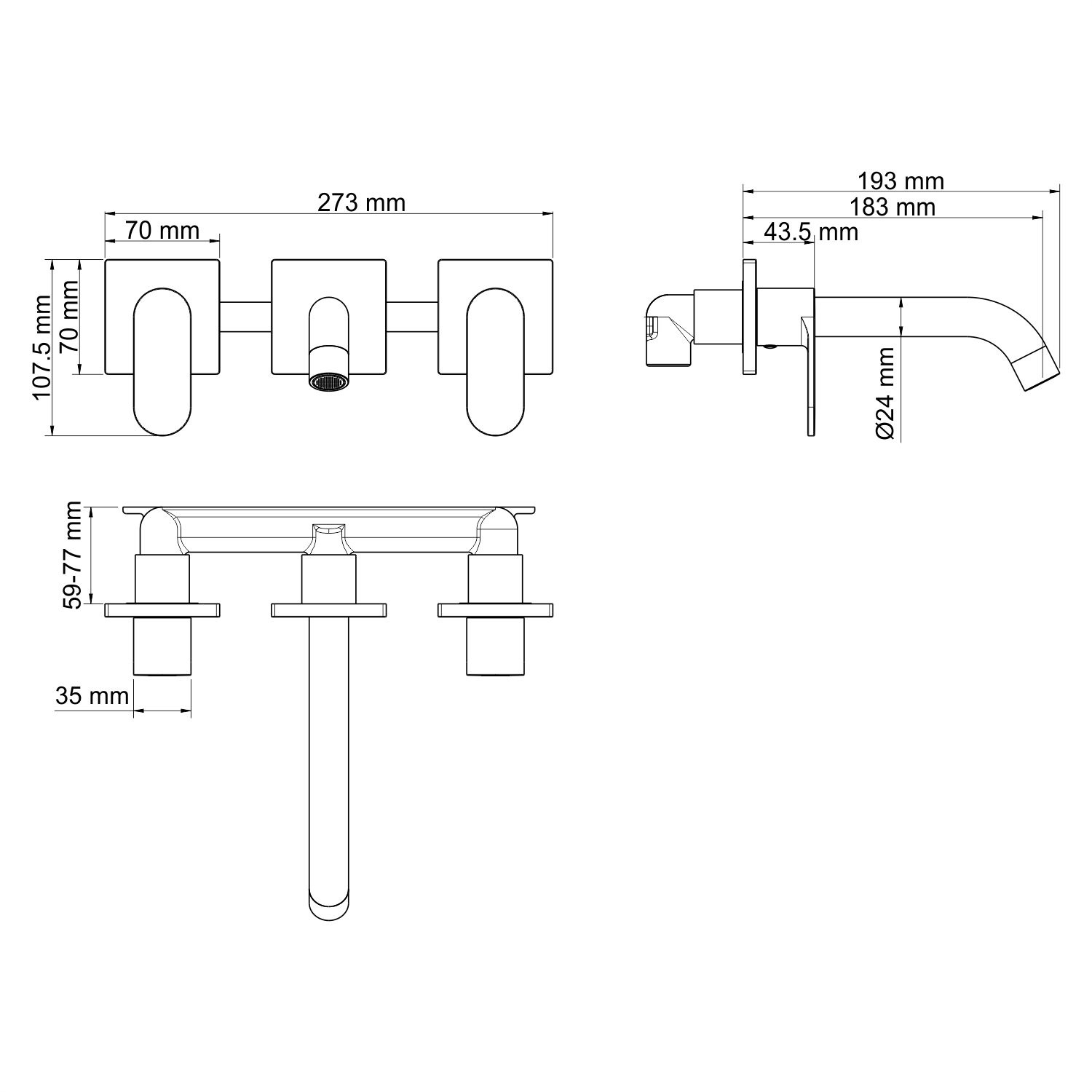 Смеситель встраиваемый в стену для раковины, с внутренней частью, цв.черный ZZ