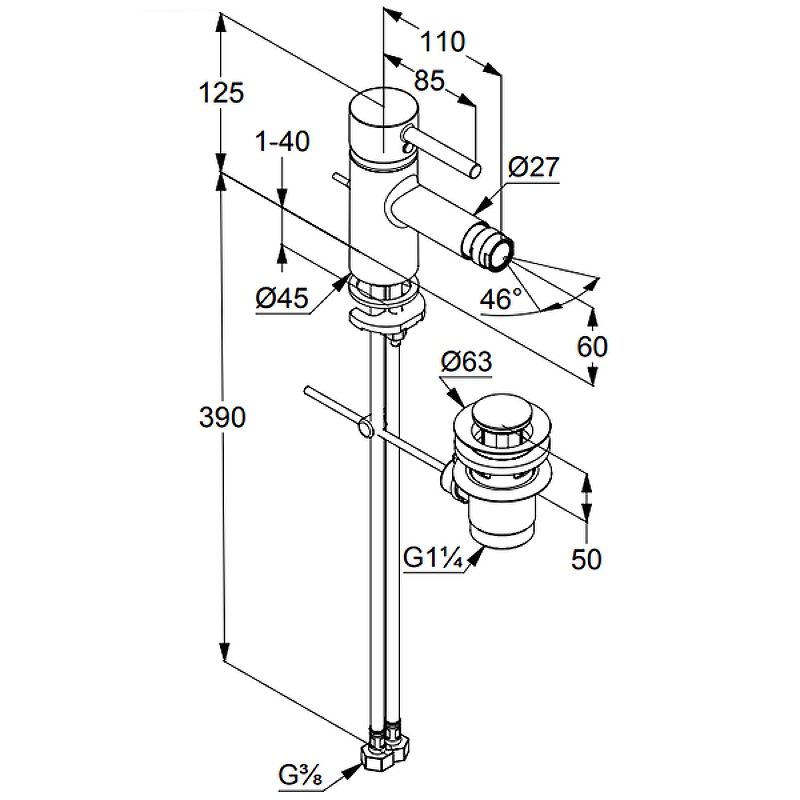Смеситель для биде, однорычажный, с дон. клап., гибк.подвод., цв. черный, ZZ