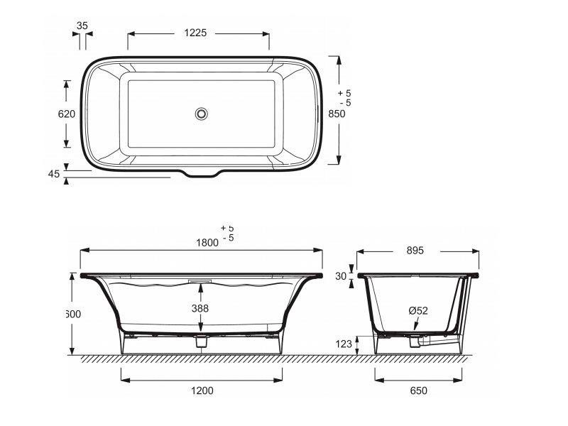 Ванна отдельностоящая акриловая (на основе композита 12мм.) ELITE прямоуг, 180x85, (БЕЗ подушки), белая XX