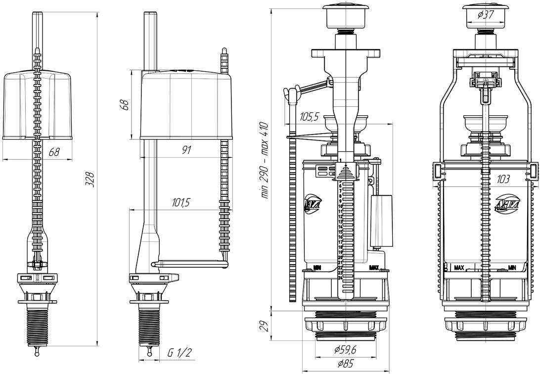 Двухрежимная арматура 3/6 л. для бачка, универсальная, нижний подвод 1/2 пластик.штуцер, хром.кнопка, комплект
