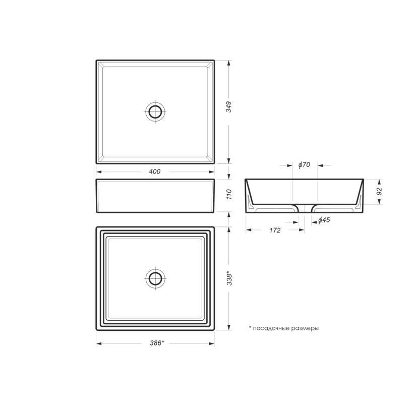 Раковина-чаша накладная Novel Slim-40, прямоугольная,без отверстия под смеситель, белая